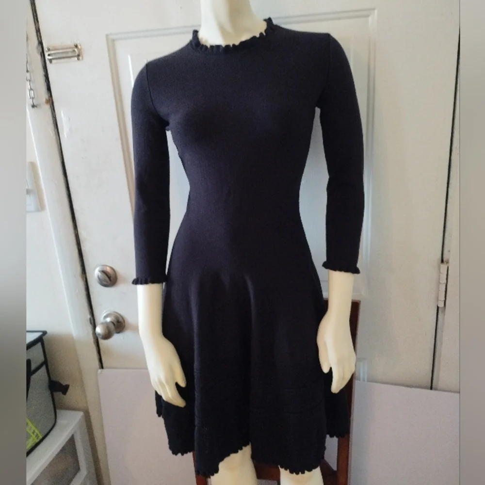 Kate Spade Sweater Knit Pointelle Dress Ruffle Neck Sleeves Fit & Flare Academia